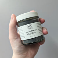 A hand holds up a jar of MW Soapworks Activated Charcoal Detox Clay Mask.