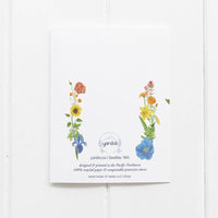 Photo shows the back of a queer coming out card, showing that the back also features a rainbow of watercolor flower illustrations.