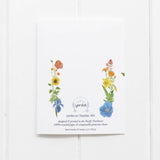 Photo shows the back of a queer coming out card, showing that the back also features a rainbow of watercolor flower illustrations.