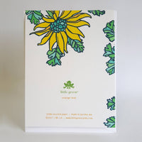 Image shows the back of a greeting card with some floral flair and card details.