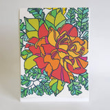 Image features a greeting card with white background and colorful rose botanical print.