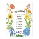 A greeting card with watercolor illustrations of a rainbow of colorful flowers surrounds a coming out message. The text reads "Congratulations on having a new queer child/sibling/cousin/relative/friend. It's Me."