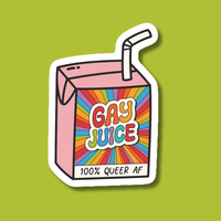 A retro style rainbow juice box sticker sits against a green background. The juice box says "Gay Juice 100% Queer AF"
