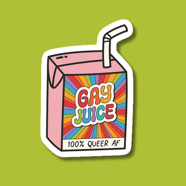 A retro style rainbow juice box sticker sits against a green background. The juice box says "Gay Juice 100% Queer AF"