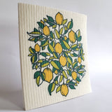 Image shows a swedish dishcloth with lemon artwork printed on it.