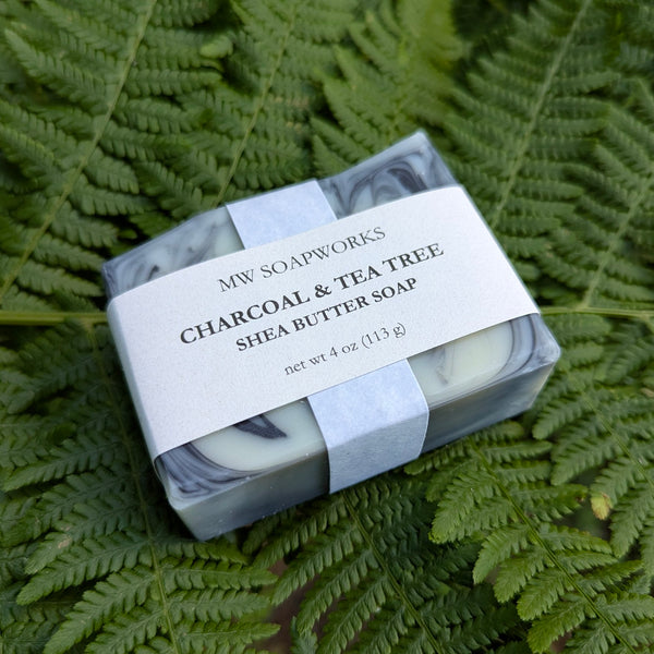 A four ounce bar of MW Soapworks Charcoal & Tea Tree Shea Butter Soap sits on top of lush green Pacific Northwest ferns.