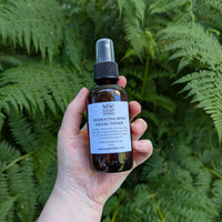 A hand holds a bottle of Hydrating Rose Facial Toner from MW Soapworks against a green fern background