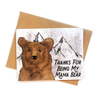 Text reads "thanks for being my mama bear" next to a cute little bear on a greeting card.