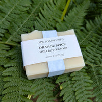 A bar of Orange Spice Shea Butter Soap from MW Soapworks sits on a bed of green ferns.