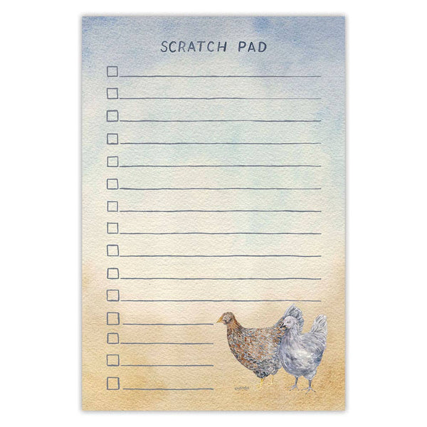 A lined to-do list notepad features watercolor art of two chickens and the top says "Scratch Pad."