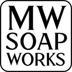 Black text spells out MW Soapworks on a white background with a curved square black border.