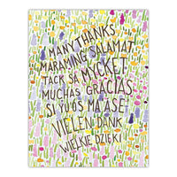 A watercolor thank you card with floral illustration and multilingual text 'Many Thanks' in multiple languages.