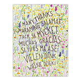 A watercolor thank you card with floral illustration and multilingual text 'Many Thanks' in multiple languages.