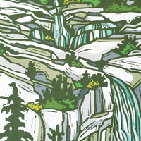 Closeup detail of blockprint art of a mountain waterfall scene.