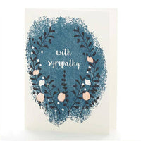 A white greeting card features a blue background around an elegant garden. Text above reads "with sympathy."