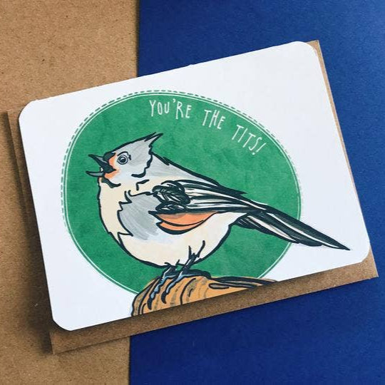 A greeting card shows a singing bird - text reads "you're the tits!"